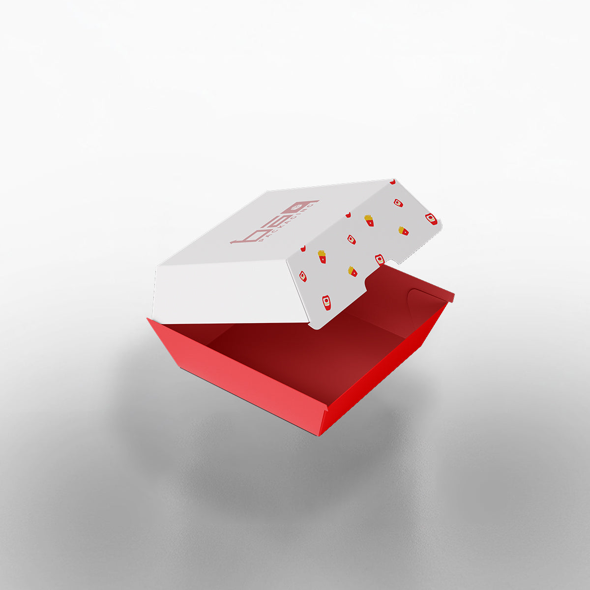 Personalised burger box clam shells in various sizes, featuring custom branding, ideal for takeaways and restaurants in Birmingham and London.