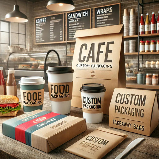 Custom food packaging designed for cafes, including coffee cups, sandwich wraps, and takeaway bags, displayed on a clean, well-lit café counter.