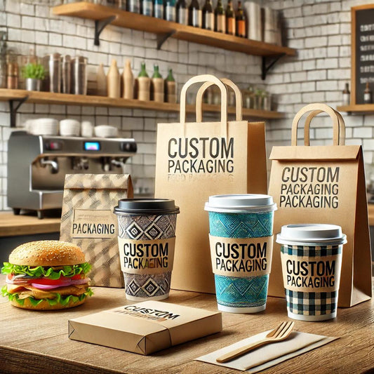 Custom food packaging designed for small businesses, including coffee cups, sandwich wraps, and takeaway bags, displayed on a clean café counter with attractive colors and patterns