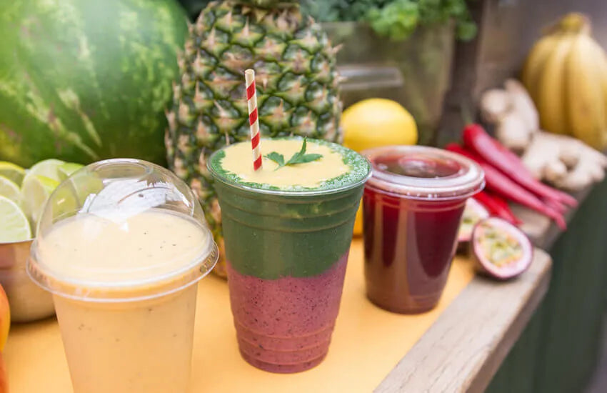 Personalised, eco-friendly packaging for a small juice shop in Birmingham, featuring custom designs and low minimum order quantities.
